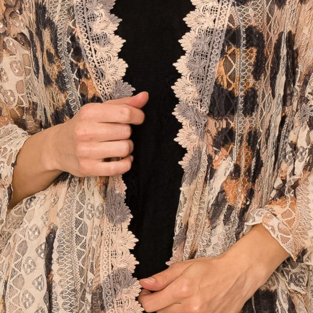 new ORIGAMI ANIMAL PRINT leopard ALL LACE CARDIGAN KIMONO western boho SM-4X - Picture 4 of 9